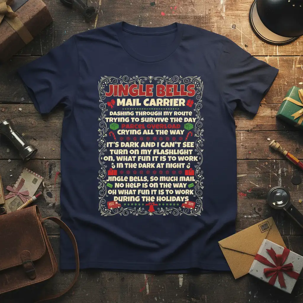Jingle Bells Mail Carrier holiday quote t-shirt with festive Christmas graphics and humorous text about postal delivery challenges