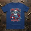 Jingle Bells Shotgun Shells t-shirt design with Santa Claus holding a shotgun, surrounded by reindeer antlers