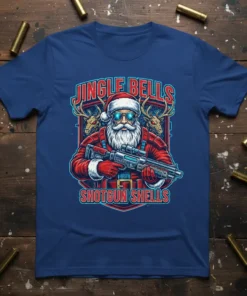 Jingle Bells Shotgun Shells t-shirt design with Santa Claus holding a shotgun, surrounded by reindeer antlers