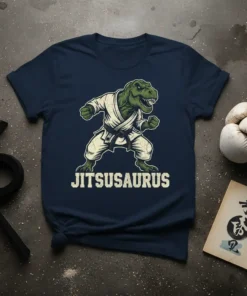 Jitsusaurus T-Rex in a white Jiu Jitsu gi with a black belt, text below, on a navy t-shirt
