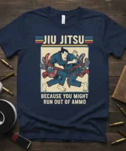 Jiu Jitsu Because You Might Run Out Of Ammo t-shirt with vintage graphic of two men grappling