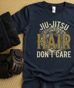 Jiu-Jitsu Hair Don't Care text design on a navy t-shirt, featuring distressed typography and a graphic of flowing hair