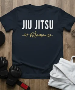 Jiu Jitsu Mama t-shirt with white text and gold hearts, designed for martial arts moms