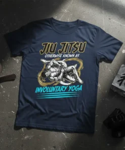 Jiu Jitsu Otherwise Known As Involuntary Yoga t-shirt design with two figures grappling and stylized text