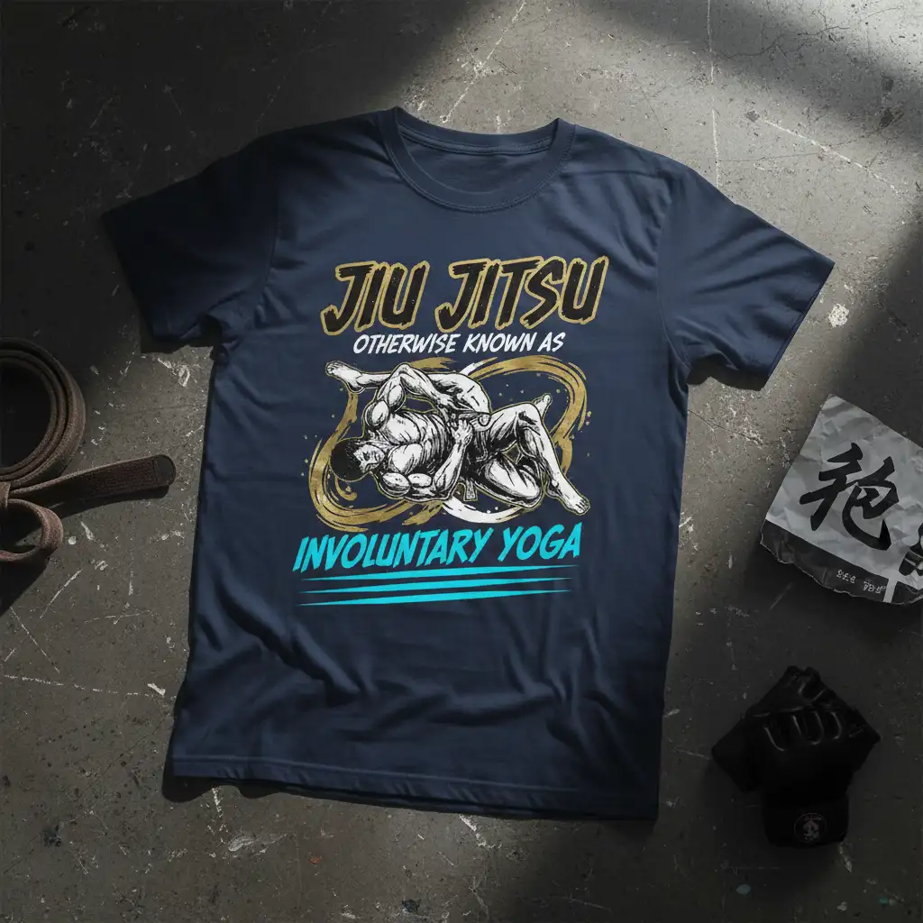 Jiu Jitsu Otherwise Known As Involuntary Yoga text with grappling illustration on a navy t-shirt