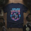 JIVE neon text with a geometric dancer and headphones graphic, featuring sound waves and equalizer bars