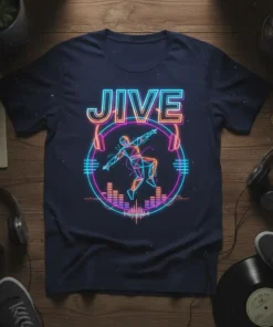 JIVE neon text with a geometric dancer and headphones graphic, featuring sound waves and equalizer bars