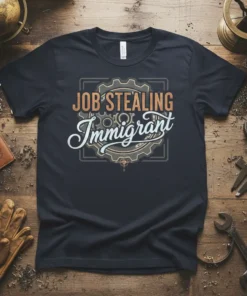 Job Stealing Immigrant text with gear graphics on a dark t-shirt, designed for immigrants and supporters