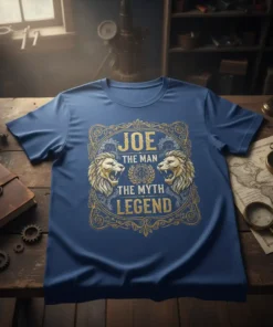 Joe The Man The Myth Legend t-shirt design with roaring lions and ornate border