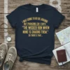 Navy blue t-shirt with gold text: "I WAS GOING TO GO GO JOGGING BUT PROVERBS 28:1 SAYS: 'THE WICKED RUN