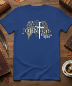 John 3:16 Devotional Team #BELIEVE t-shirt with cross and wings graphic in gold and white on a blue shirt