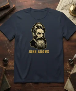 John Brown portrait t-shirt featuring the historical figure's likeness and name in gold text