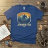 John Muir Trail t-shirt design with Bigfoot silhouette, mountains, and forest landscape
