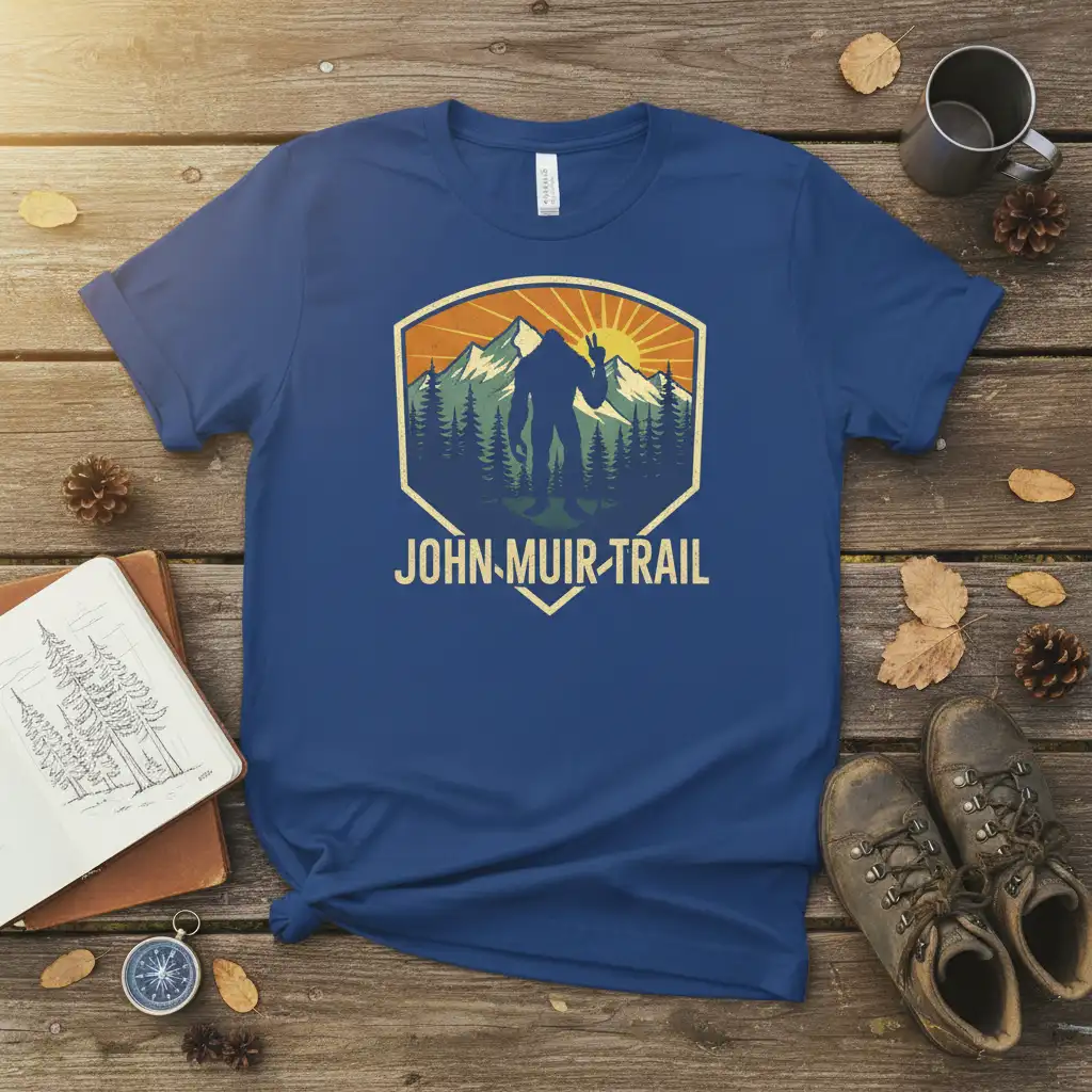 John Muir Trail t-shirt featuring Bigfoot, mountains, and pine trees in a vintage badge design