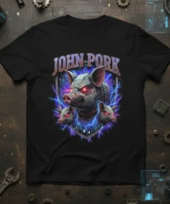 John-Pork Cybernetic Pig T-Shirt featuring a robotic swine head with glowing red eyes and lightning effects