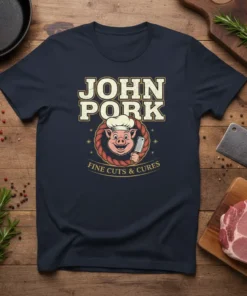 John Pork Fine Cuts & Cures butcher t-shirt design with a chef pig holding a knife