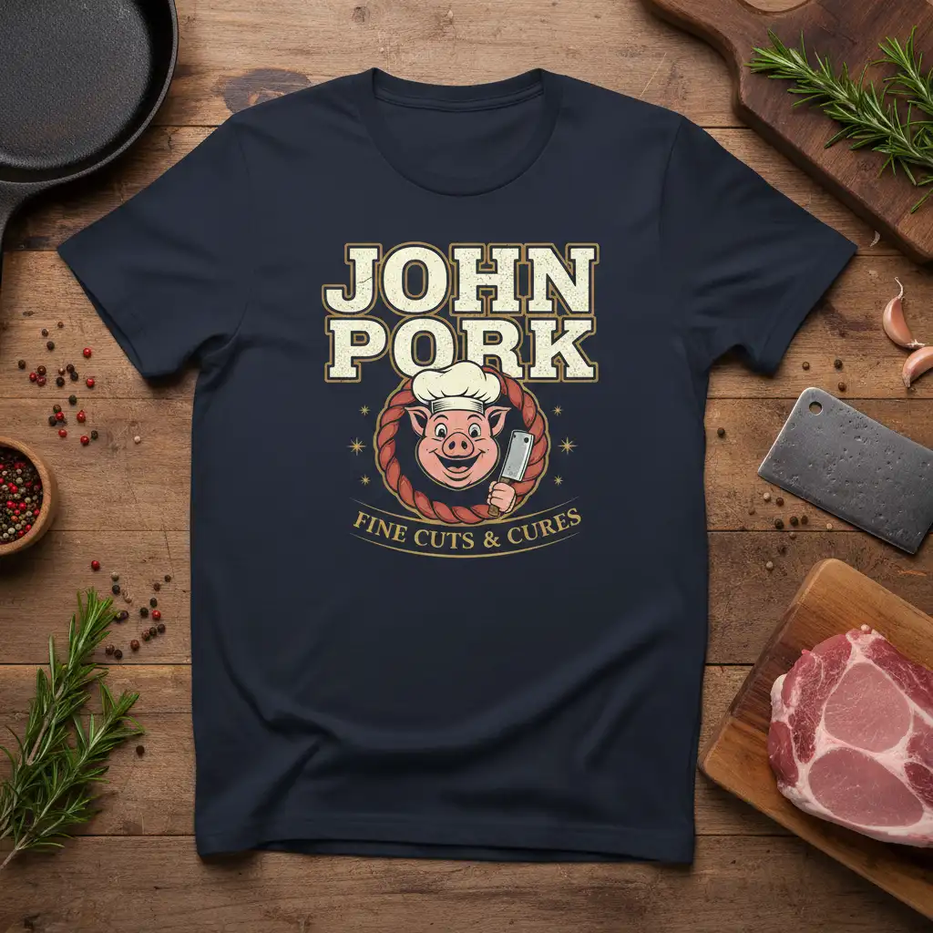 John Pork Fine Cuts & Cures chef pig graphic tee design