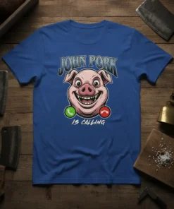 John Pork Is Calling t-shirt with a smiling pig face and phone icons