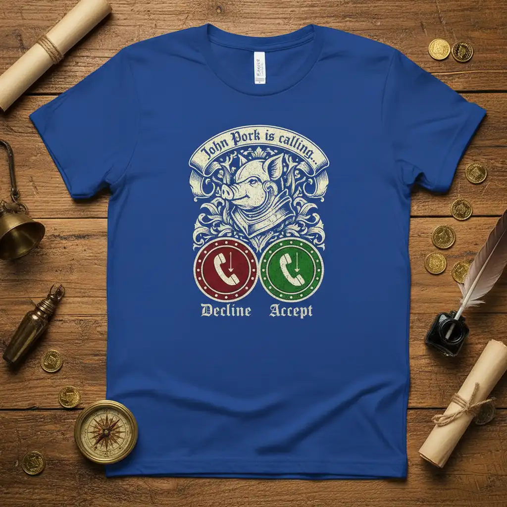 John Pork is calling... quote with armored pig and phone accept/decline icons on a blue t-shirt
