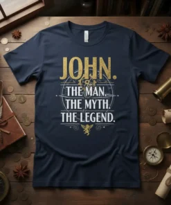 Navy blue t-shirt with gold text: "JOHN. THE MAN. THE MYTH. THE LEGEND." design, featuring gears and a griffin graphic
