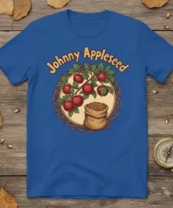 Johnny Appleseed t-shirt design featuring apples on a branch and a bag of seeds within a circular frame