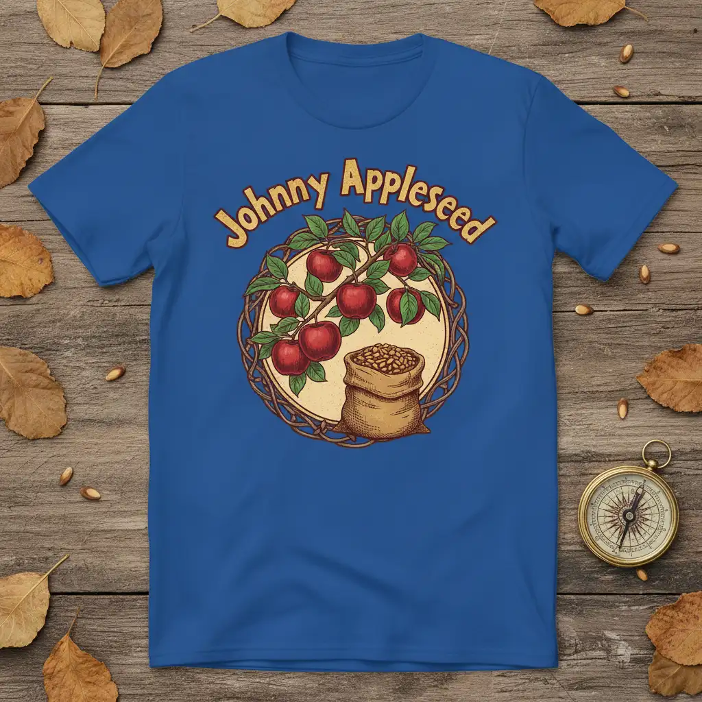 Johnny Appleseed historical shirt with apples and seed sack graphic, vintage style