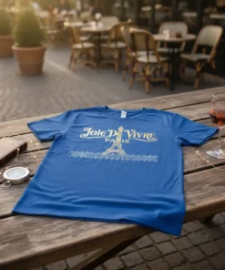 Blue t-shirt with "Joie De Vivre PARIS" text and an Eiffel Tower graphic, set on a wooden table outdoors