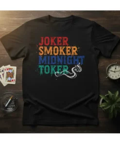 Joker Smoker Midnight Toker text design on a black t-shirt with colorful distressed lettering and smoke graphic