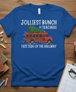 Jolliest Bunch of Teachers This Side of the Hallway Christmas school bus tee with festive lights and tree