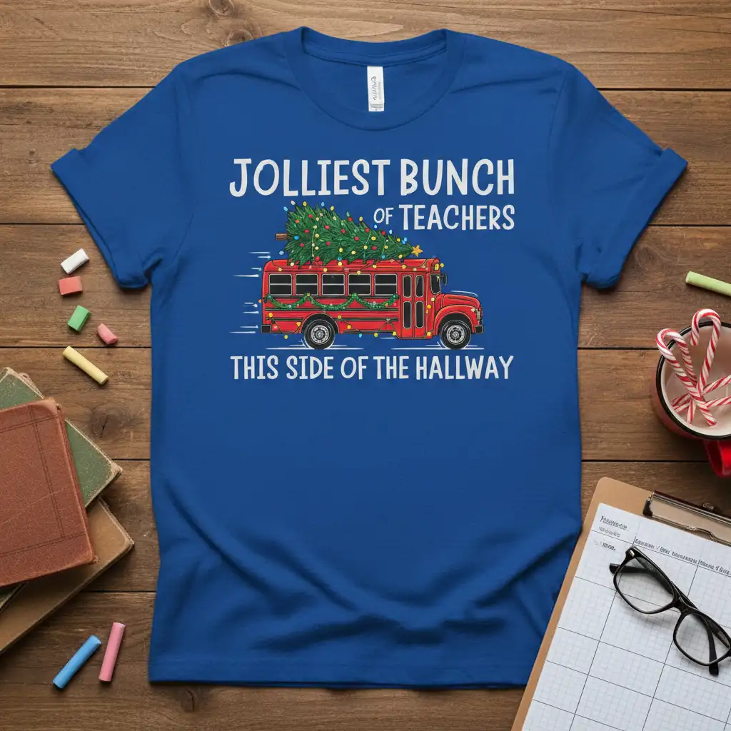 Jolliest Bunch of Teachers This Side of the Hallway quote on a blue shirt with a Christmas bus graphic