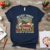Jolliest Bunch of Teachers Teachers This Side of the Hallway text with vintage car and Christmas tree graphic on navy