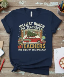 Jolliest Bunch of Teachers Teachers This Side of the Hallway text with vintage car and Christmas tree graphic on navy