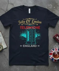 Jolly Ol' London Telephone England T-Shirt featuring a red telephone booth and city skyline graphic