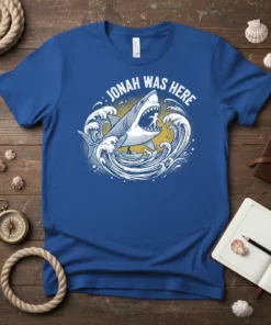 Jonah Was Here t-shirt design featuring a great white shark emerging from waves with a small boat and a figure