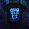 Black t-shirt with neon blue text "JONE WASTE YORE MONME YORALL RED!! THE VOICE INSOIDE MOVE YEDD" and a glowing