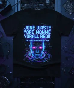 Black t-shirt with neon blue text "JONE WASTE YORE MONME YORALL RED!! THE VOICE INSOIDE MOVE YEDD" and a glowing