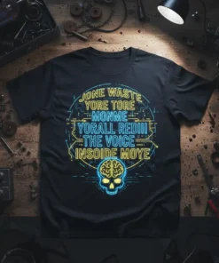Black t-shirt with neon text "Jone Waste Yore Tore Monme Yoreall Rediii The Voice Insoide Moye" and a neon skull