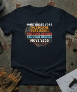 Navy t-shirt with the quote "JONE WASTE YORE TOYE MONME YORE REDIII THE VOICE INSOIDE THE VOICE INSOIDE MOYE YEDD"