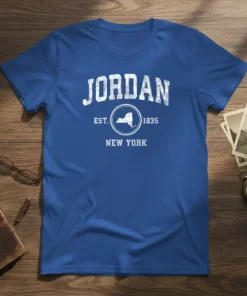 Jordan Est 1835 New York t-shirt with distressed white typography and a New York state outline graphic