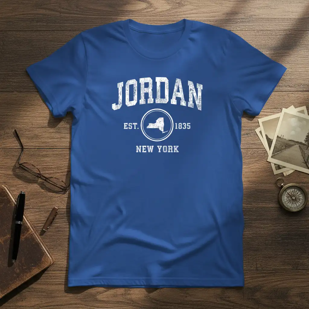 Jordan Est 1835 New York graphic tee featuring distressed collegiate font and New York state outline