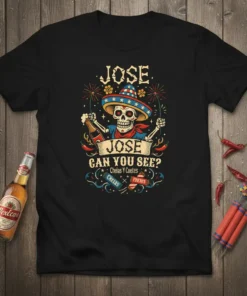 Black t-shirt with "Jose Can You See? Chelas Y Cuetes" design featuring a skeleton wearing a sombrero, holding a beer