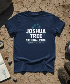 Navy blue t-shirt with "JOSHUA TREE NATIONAL PARK" and coordinates 33.874° N, 115.901° W in white and purple text, featuring
