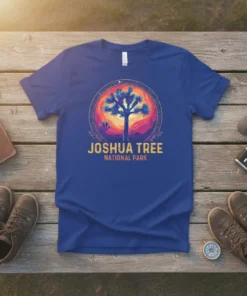 Joshua Tree National Park text design with a circular graphic of a Joshua tree at sunset