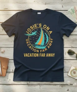 Navy t-shirt with "Josie's On A Vacation Far Away" text, sailboat, and airplane graphic