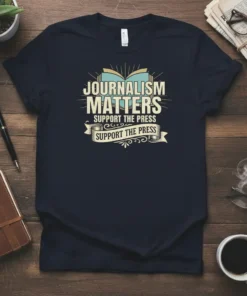 Journalism Matters Support The Press quote with an open book graphic on a dark blue t-shirt