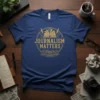 Journalism Matters t-shirt with vintage typewriter and open book graphic in gold