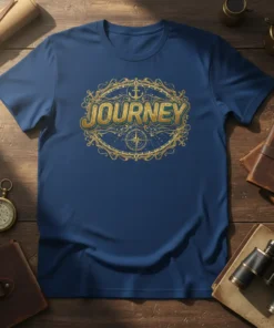 Blue t-shirt with gold "JOURNEY" text, anchor, compass, and nautical border design