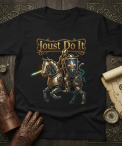 Joust Do It steampunk knight on horseback t-shirt design with golden text and blue fleur-de-lis shield