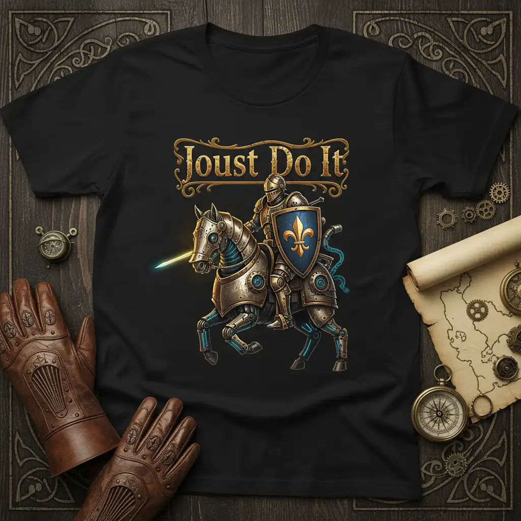 Joust Do It quote on a steampunk knight t-shirt design with ornate gold text and a knight on a mechanical horse