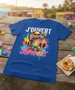 J'OUVERT JUNKIE text with a cool bear character holding drinks, surrounded by dancing silhouettes and paint splatters, on a blue